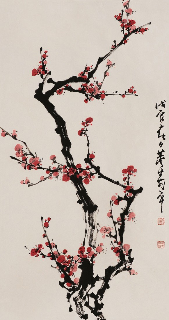 Chinese painting attributed to Dong Shouping: Attributed to Dong Shouping(1904-1997)ink and color on the paper depicting red plums on the tree,dated spring Wu Chen year(1988),inscribed and signed two seals of the artist , a part of collection fro