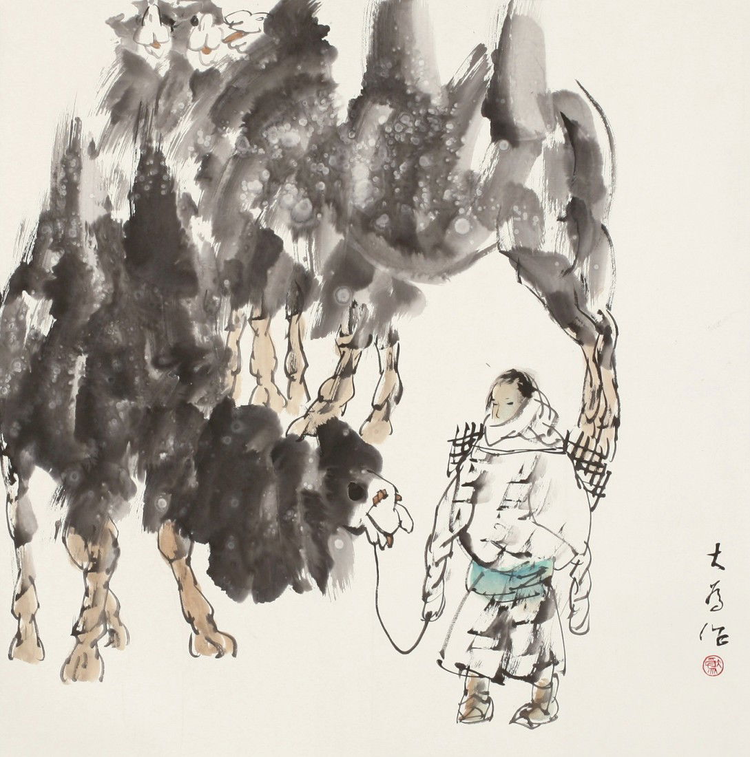 Very fine Chinese mounted painting attributed to: Attributed to Liu Dawei(born 1945) ink and color on paper depicting a person coming back,dated the beginning of summer Ji Mao year(1999),inscribed and signed with two seals of the artist,27 1/8×27 1/
