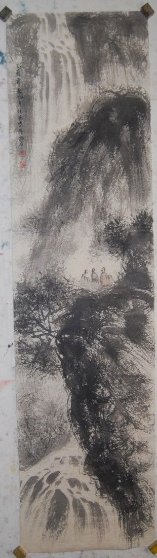 Chinese paintig attributed to Fu,Baoshi: Ink and color on the paper by Fu,Baoshi to depict mountain with water falls,trees and three persons,inscribed and signed with two seal marks,54.3"x13.9".