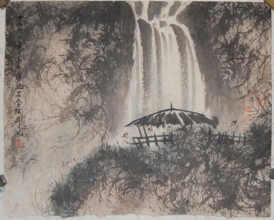 Chinese paintig attributed to Fu,Baoshi: Ink and color on the paper by Fu,Baoshi to depict people at the rest area beside the water falls,inscribed and signed with one seal mark,21.6"x17.3".