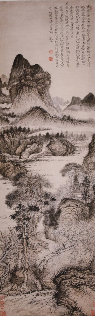 Very fine Chinese painting by Shi Tao: Ink and color on the paper by Shi Tao depicting a landscape of nature,inscribed and signed with nine seal marks, 68.9"X19.7". A part of private collection from Mr. Wang,vice-president of south-East ar