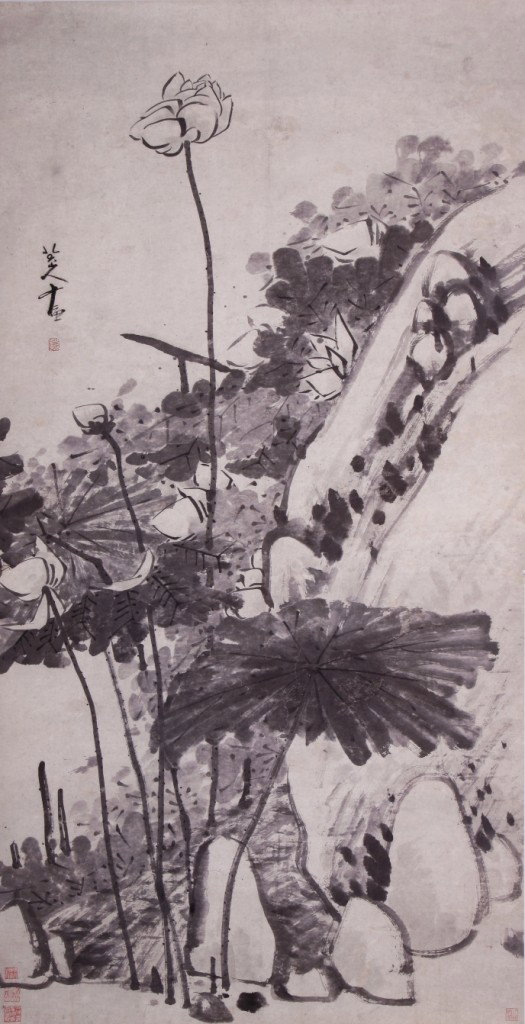 Fine Chinese painting by Ba Da Shanren: Ink and color on the paper by Ba Da Shanren depicting flowers ,plants and rocks,inscribed and signed with five seal marks , 72"X36.5".A part of private collection from Mr. Wang,vice-president of south