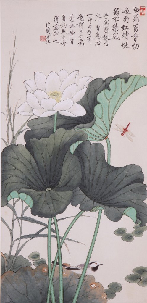 Fine Chiense painting by Yu, Feian: Ink and color on paper by Yu,Feian depicitng water lilies and dragonfly ,inscribed and wigned with 2 seal marks 37" x17.6".A part of private collection from Mr. Wang,vice-president of south-East art c