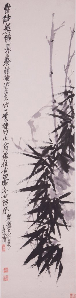 Very fine Chinese painting by Wu Changshou: Ink and color on the paper by Wu Changshuo to depict a bamboo tree,inscribed and signed with four seal marks, 54.3" X 13.3"..A part of private collection from Mr. Wang,vice-president of south-East art