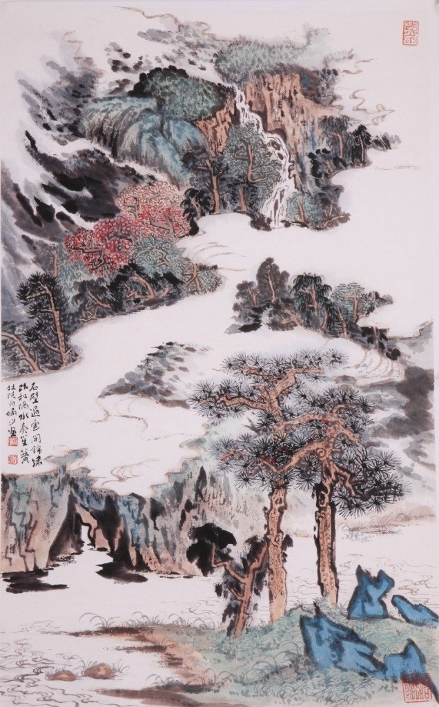 Fine Chinese painting attributed to Lu Yuanshao: Ink and color on the paper by Lu Yuanshao to depict landscape of nature ,inscribed and signed with three seal marks ,39" X24".A part of private collection from Mr. Wang,vice-president of south-East ar