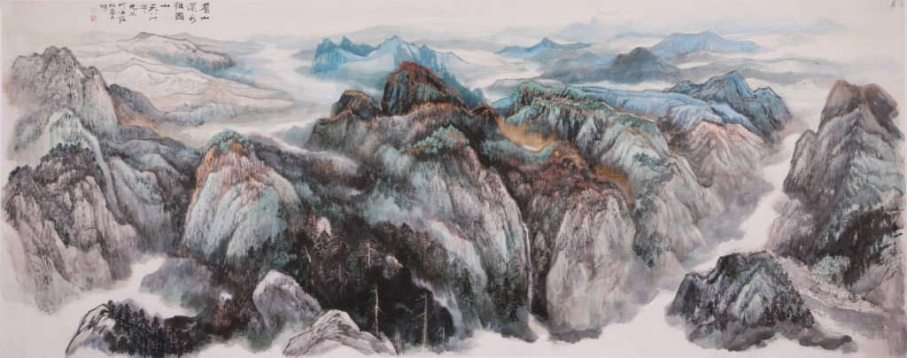 Fine Chinese painting attributed to He Haixia: ink and color on the paper by He Haixia depicting a very nive landscape of nature ,inscribed and signed with two seal marks,51.1" X19.7".A part of private collection from Mr. Wang,vice-president of so