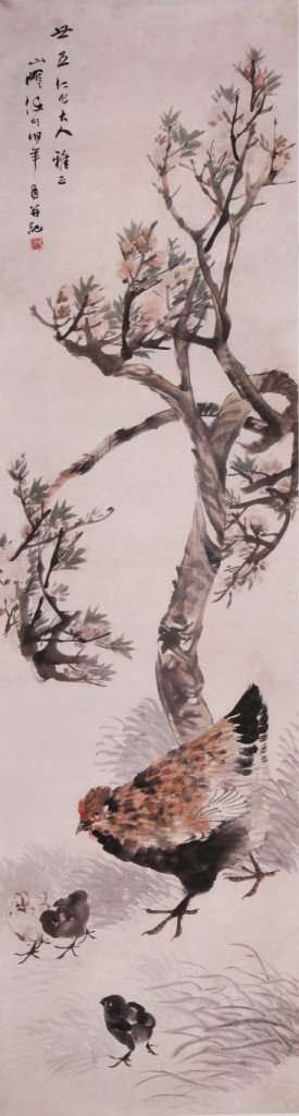 Very fine Chinese painting by Ren Bonian: Ink and color on the paper by Ren Bonian depicting a mother hen and chicks under a tree,inscribed and signed with one seal mark,58.7"X15.3".A part of private collection from Mr. Wang,vice-president of