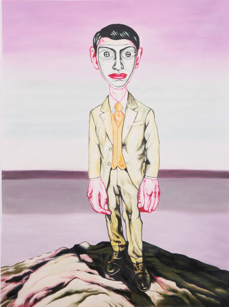 Very fine Chinese oil painting by Fang Lijun: Fine oil painting by Fang Lijun depicting a cartoon man,23.6 "x 31.5".