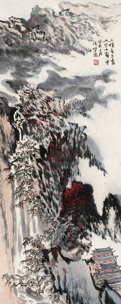 Chinese Painting by LU Yanshao: mounted,ink and color on the paper by LU Yanshao(1909-1993) depicting the spring and small buildings,dated October gui hai(1983),inscribed and signed with 2 seals of the artist. 34 1/2 x13 5/8 inches.
