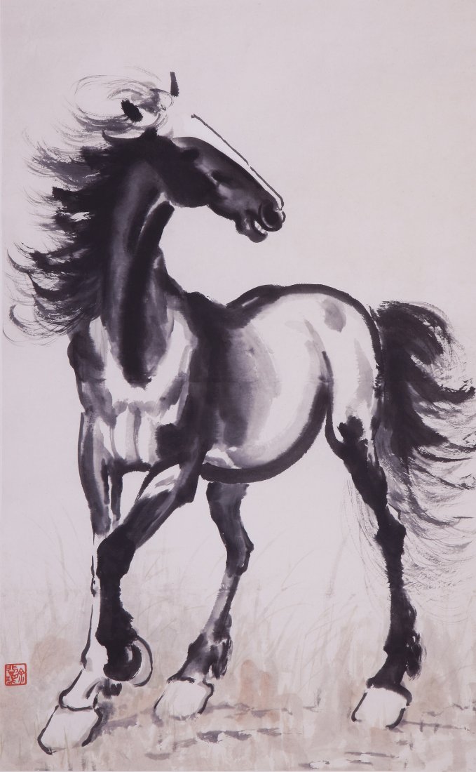 Chinese painting by Xu Beihong Ma: Very fine painting attributed to Xu Beihong Ma ,ink and color on the paper to depict a horse,inscribed with one seal mark,35.4" X 22.4".