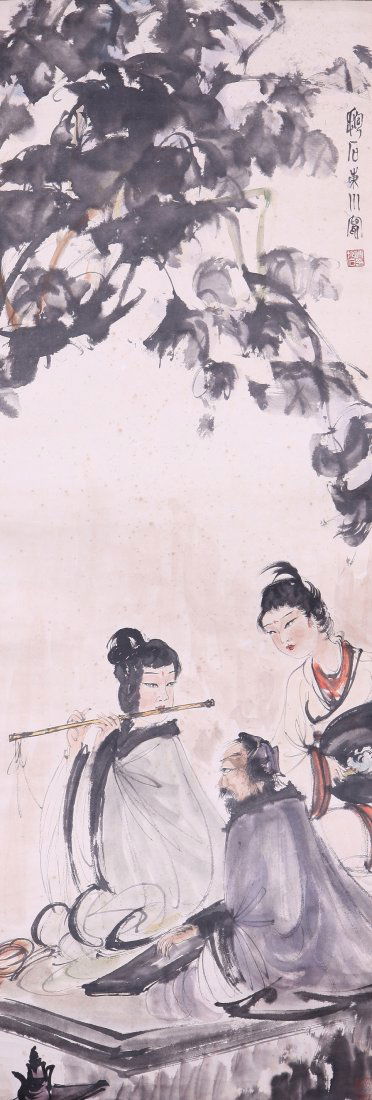 Fine Chinese painting by Fu Baoshi: A very fine painting, ink and color on paper by Fu Baoshi to depict people with musical instruments under a tree, inscribed and signed with one seal mark ,38.9in x 13.3 in