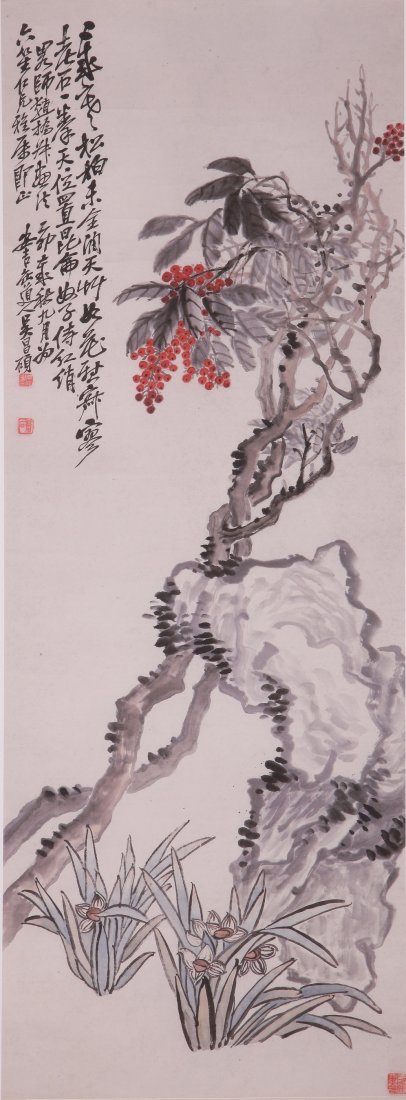 Chinese painting attributed to Wu Changshuo: Ink and color on the paper by Wu Changshou painted to depict fruit tree stems,inscribed and signed with three seal marks,35.8" X 12.5".