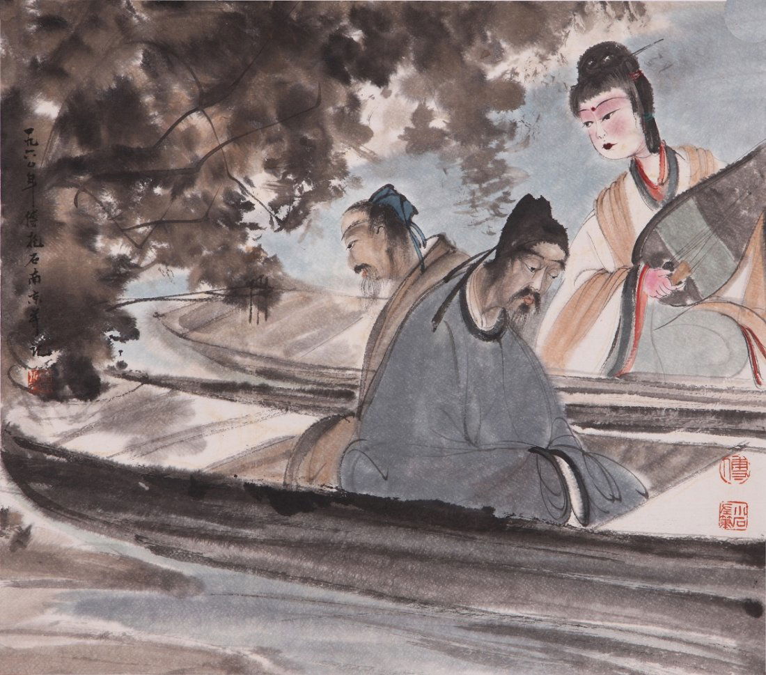 A very fine Chinese painting attributed to Fu Bao: Ink and color on paper by Fu Baoshi depicitng people sailing on the boat with musical instruments,inscribed and signed with 3 seal marks. 20.4"X 18.5".