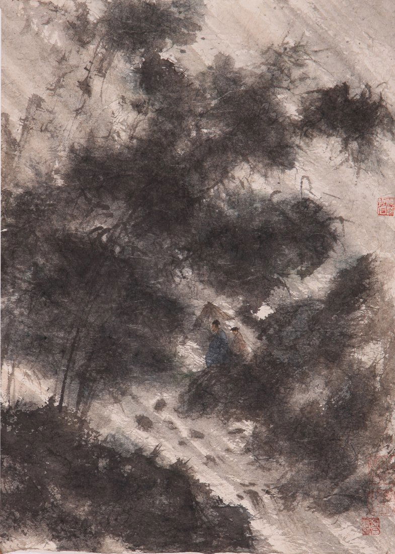 A very fine Chinese painting by Fu Baoshi: Ink and color on paper by Fu Baoshi depicitng people walkig windy woods ,inscribed and signed with 2 seal marks.18.8"X13.3".