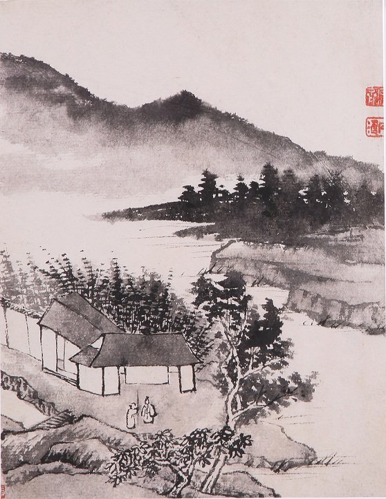 Fine Chinese painting by Wang Shi min: Ink and color on paper by Wang Shi Min depicitng a couple of people in front of a house,mountains aand trees by the lake.inscribed and signed with 3 seal marks.9.4"X8.6"