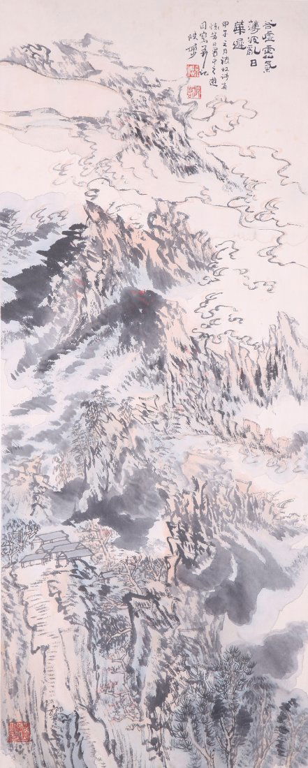 A very fine Chinese painting by Lu Yanshao: Ink and color on paper by Lu Yanshao,inscribed and signed with 3 seal marks,13.3"X35.8".