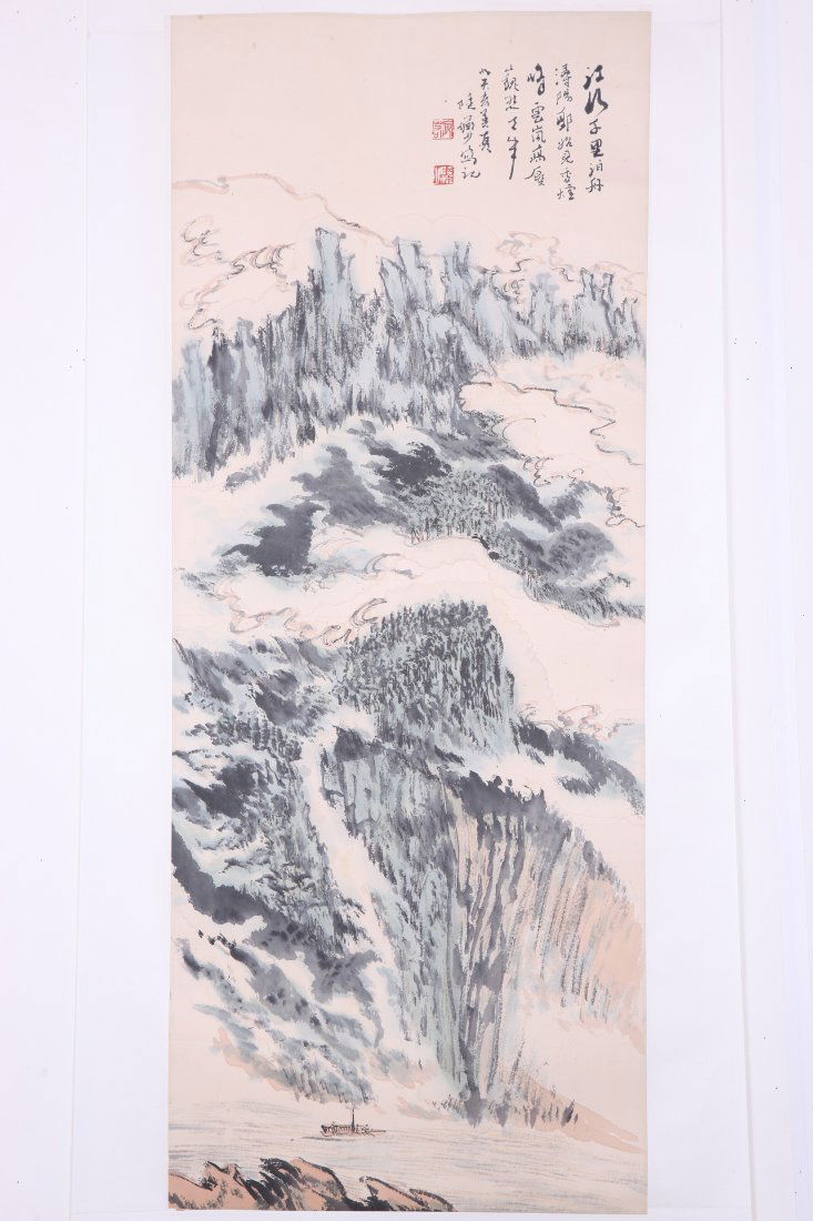 A very fine Chinese painting by Lu Yanshao: Ink and color on paper by Lu Yanshao,inscribed and signed with 2 seal marks,13.3"X35.4".