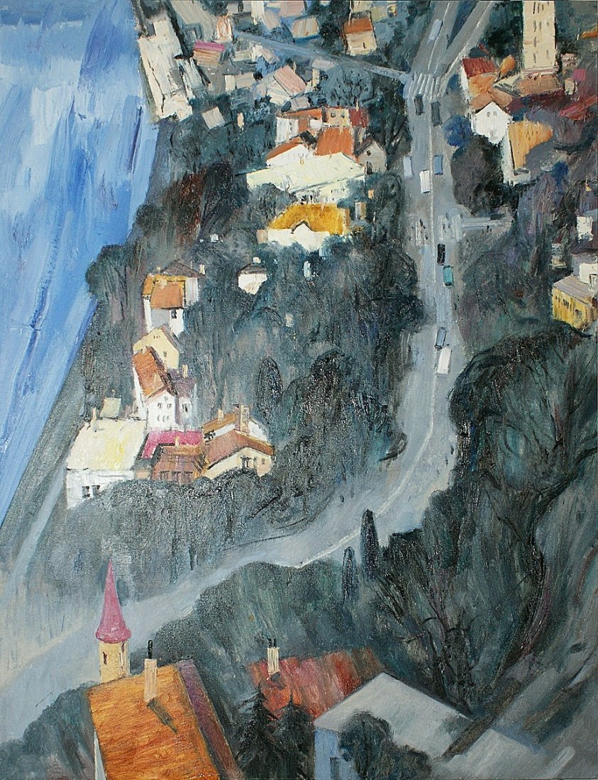 A very fine Chinese Oil painting by Li Yan: A very fine oil painting depicitng houses and motor cars on the street from the top view having trees by professor Li Yan, professor of Shang Dong Art institute,27.5"X35.4".