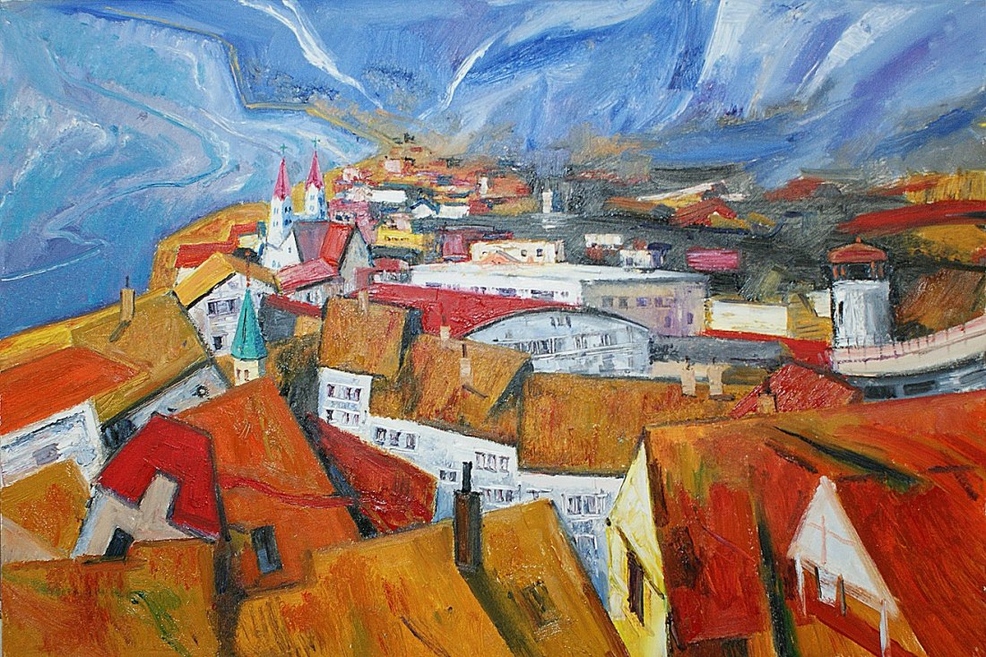 A very fine Chinese Oil painting by Li Yan: A very fine oil painting depicitng a fine landscape of mountains and houses by professor Li Yan, professor of Shang Dong Art institute,27.5"X35.4".