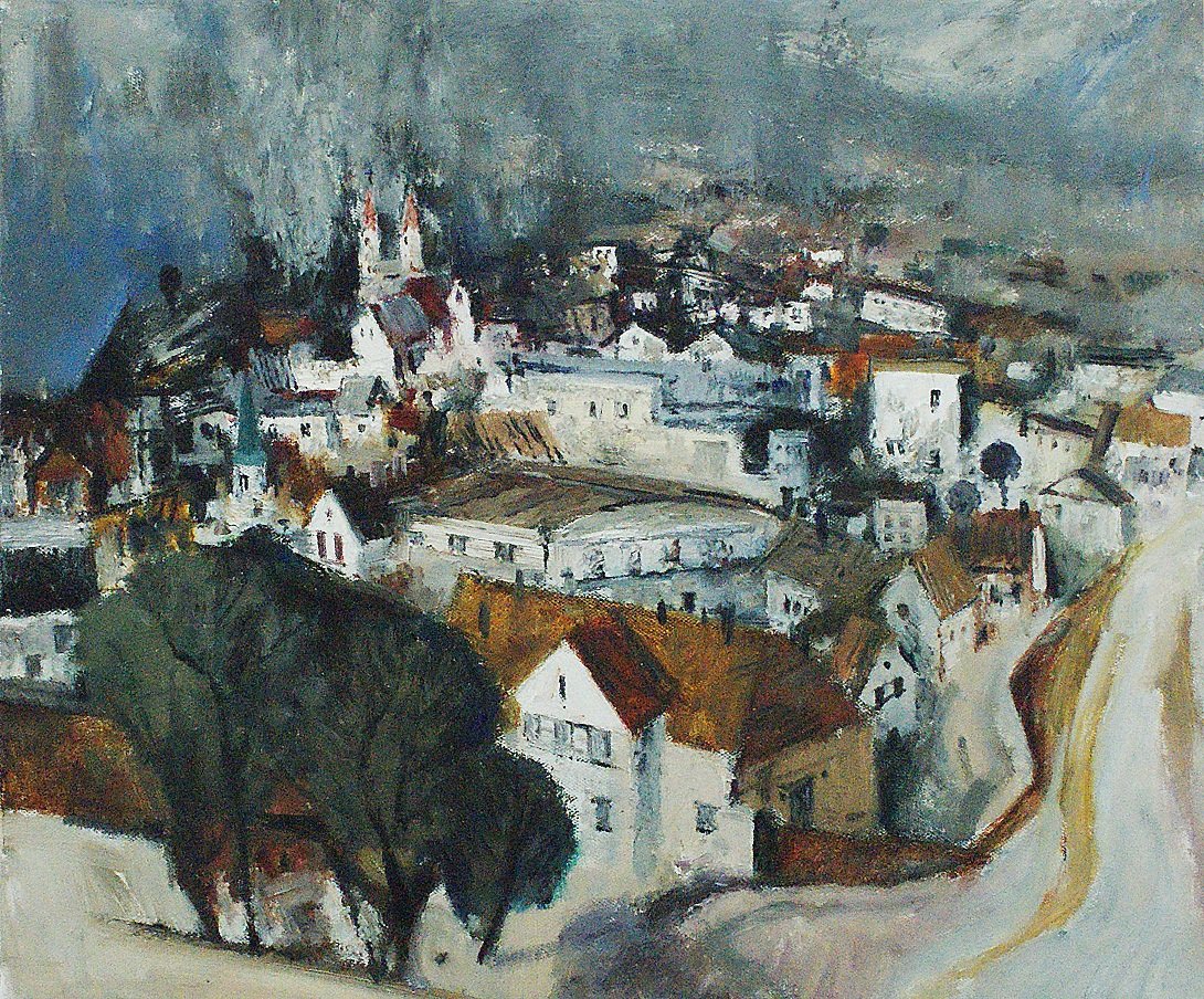 A very fine Chinese Oil painting by Li Yan: A very fine oil painting depicitng a top view of beautiful houses and trees professor Li Yan, professor of Shang Dong Art institute,19.6"X23.6".