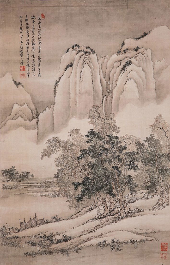 Fine Chinese painting by Wang Hui: Ink and color on paper by Wang Hui to depict landscape of mountains, trees ,lake and a person beneath a tree near the house..Inscribed and signed with 5 seal marks. 20"X32.2".