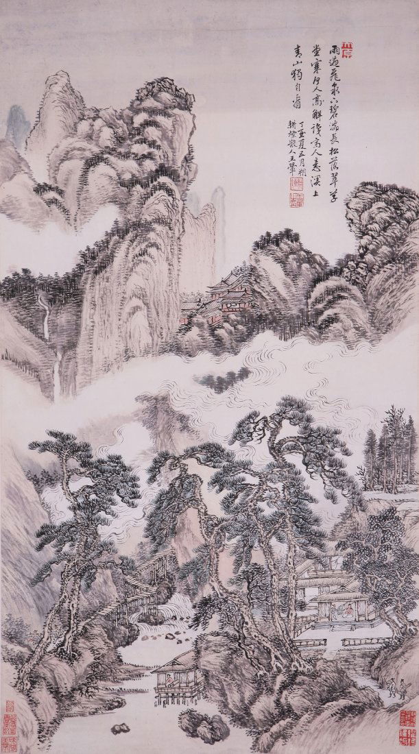Very fine Chinese painting attributed to Wang Hui: Ink and color on paper by Wang Hui depicting landscape of mountains , trees,waterfalls and people in houses, inscribed and signed with 8 seal marks, 19.2"X34.6"