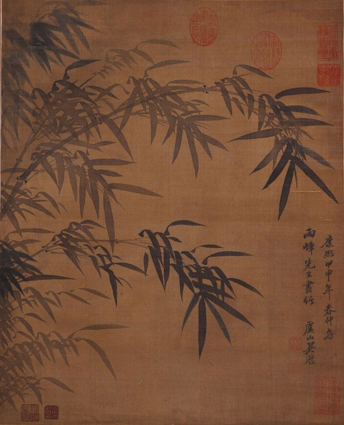 Fine Chinese painting by Wu Li: Ink and color on the paper by Wu Li depicting bamboo tree,inscribed and signed with nine seal marks,14.6" X 17.7".