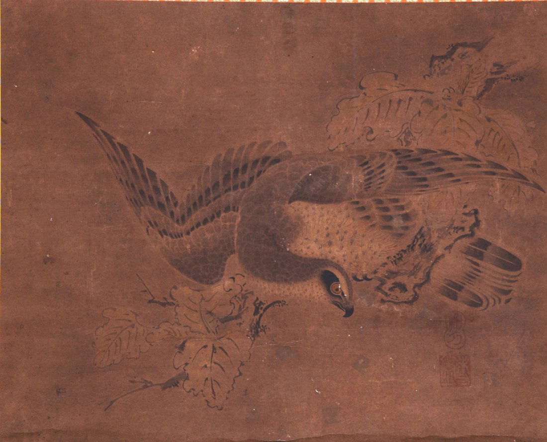 Fine Chinese Song Dynasity painting: Ink and color on the paper in Song dynasity depicting a bird and leaves ,inscribed and signed with two seal marks,15.7" X 19.7".