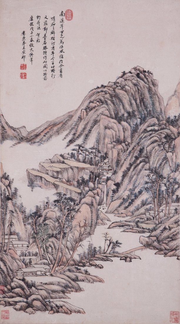 Fine Chinese painting attributed to Wang Qiyuan: Ink and color on the paper by Wang Qiyuan to depict a landscape of mountains,trees ,houses and water falls,inscribed and signed with six seal marks,19.2"X 35.8'.