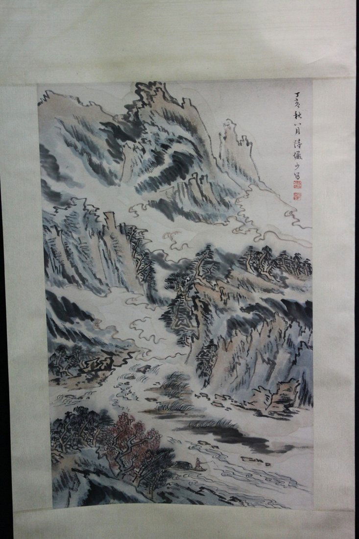 A very fine Chinese scroll painting by LU,Yan sha: Attributed to LU yanshao ink and color on paper , inscribed and signed with two seal marks,27"Hx17"W.