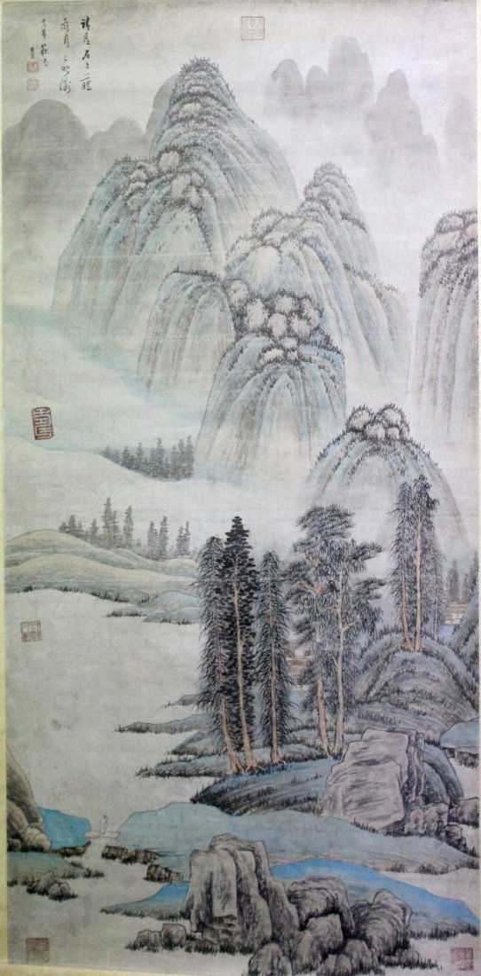 A very fine Chinese scroll painting attributed t: Attributed to Dong Qichang ink and color on paper depicting landscape of nature ,inscribed and signed with seven seal marks in red,51.5"Hx25"W.