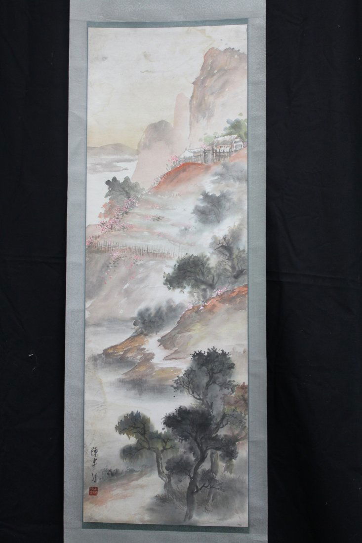 A very fine Chinese scroll painting attributed: Attributed to Chen,Banding tacher of Qi,Ziru third son of Qi,Baishi famous artist ink and color on the paper depicting landsacape of nature,inscribed and signed with one seal mark ,40"Hx13"W.
