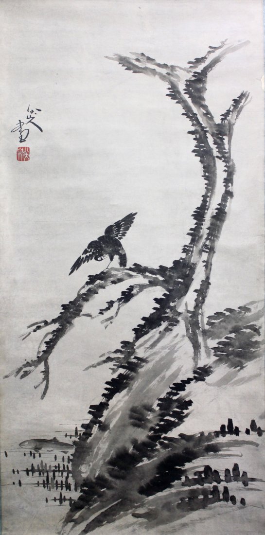 A very fine Chinese scroll painting attributed to: Attributed to Zhu,Da (Bada Shanren)(1626-1705) ink on the paper depicting bird on the tree,inscribed and signed with one seal mark,51"Hx25"W.
