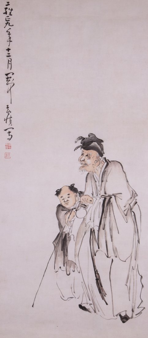 Fine Chinese painting attributed to Huang Shen: Ink and color on paper by Huang Shen to depict a old man with a stick and a boy,inscribed and signed with 2 seal marks.38.1"x16.9".