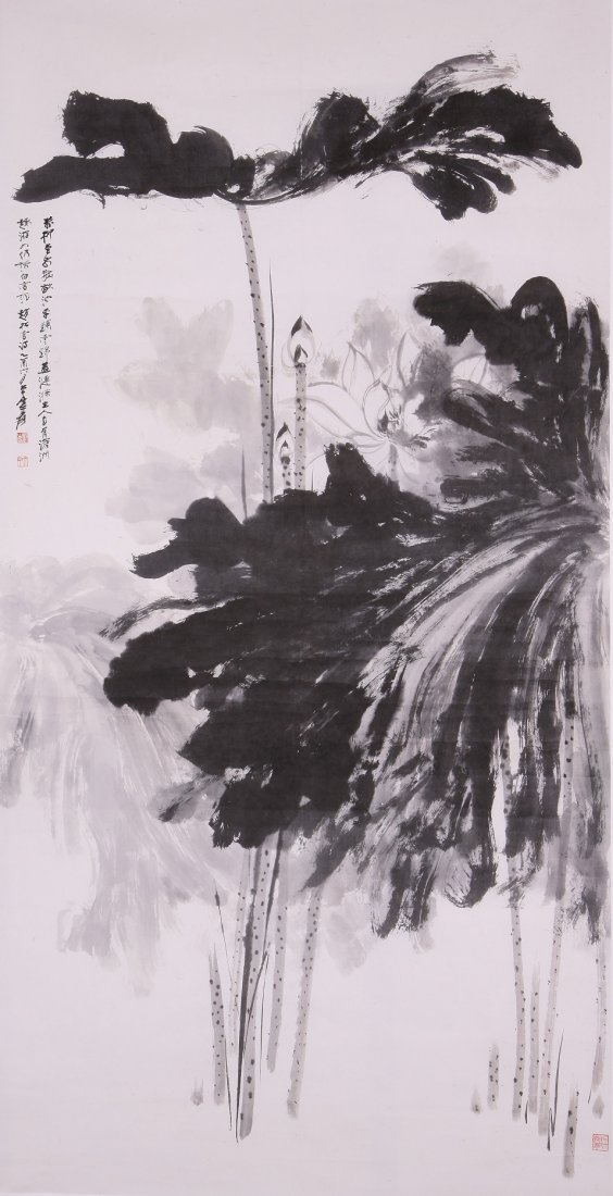 A very fine Chinese painting by Zhang Daqian: Ink and color on the paper to depict Zhang Daqian to depict beautiful water lillys,inscribed and signed with two seal marks38.5"x19.2".