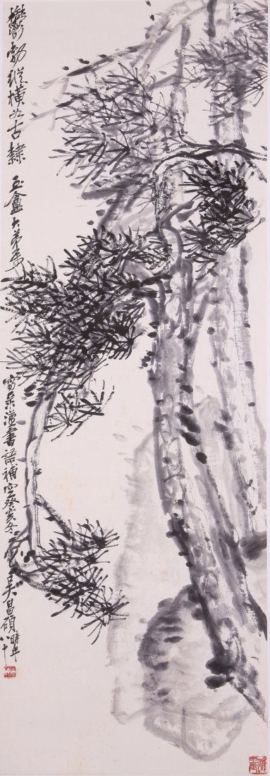 Fine painting by Wu Changshuo: Ink and color on paper by Wu Changshou to depict a tree ,inscribed and signed with 2 seal marks.38.5" X 13.3".