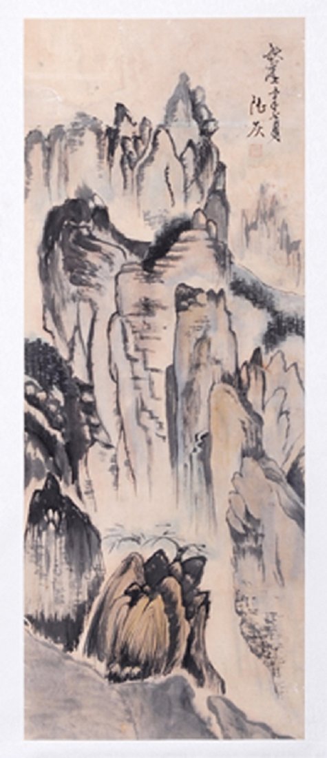 CHINESE SCROLL PAINTING BY LU,HUI: LU,HUI,LIVED IN QING DYNASTY.LONG WATERCOLOR PAINTING TO SCROLL DEPICTING MOUNTAINS SCENE. SIGNED AND A SEAL MARK IN UR. 35"Hx12.5"W.)