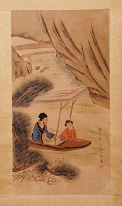 CHINESE SCROLL PAINTING BY WANG,SHISHEN: WANG,SHISHEN,1686-1759.LONG WATERCOLOR PAINTING TO SCROLL DEPICTING A COUPLE SITTING IN A BOAT AND ENJOYING THE BEAUTIFUL SCENE. SIGNED AND A SEAL MARK IN DR. 34"Hx18"W.)