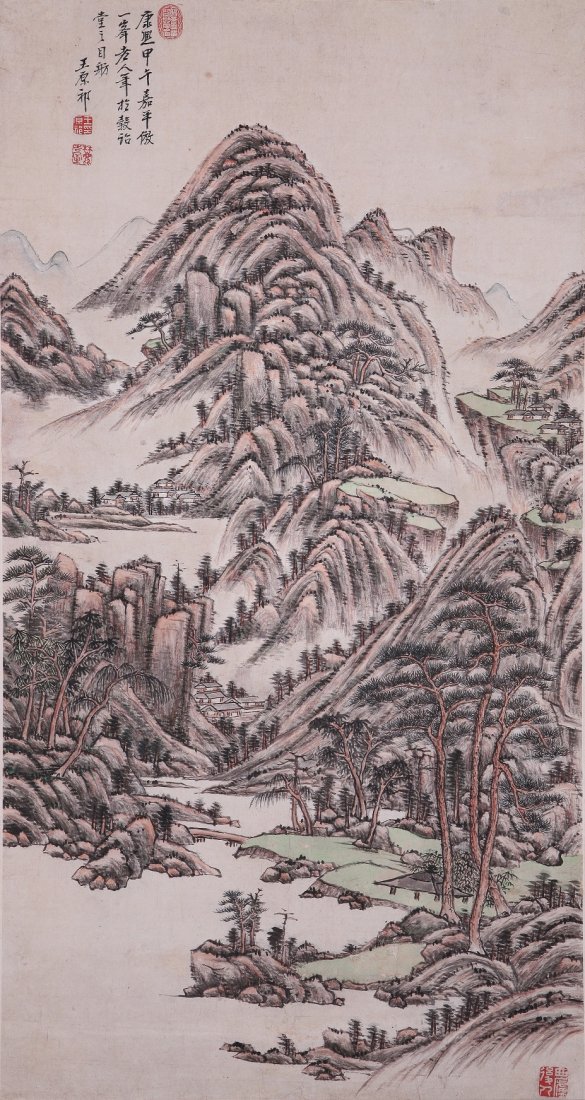Very fine Chinese painting by Wang Qiyuan: Ink and color on the paper attributed to Wang Qiyuan to depict a landscape of mountains,trees,houses and water,inscribed and signed with four seal marks,19.2" X 37.7".