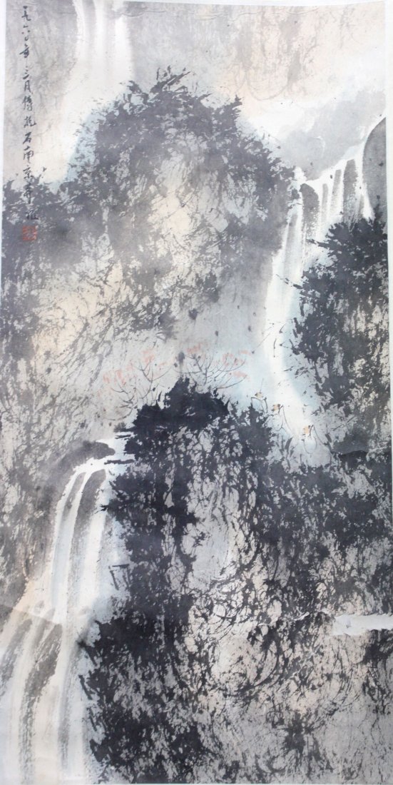 A very fine chinese scroll painting: Attributed to Baoshi Fu (1904-1965). Watercolor painting on silk brocade depicting waterfalls amid trees. Inscribed and signed with one seal mark in red. 34.5" H x 17" W.