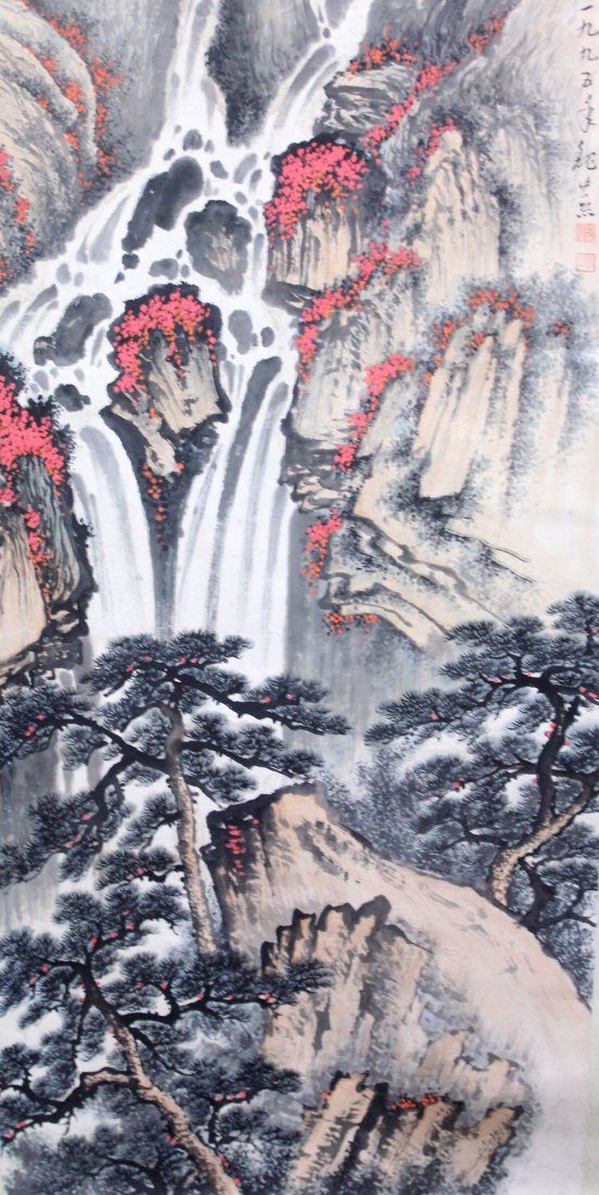 A very fine Chinese painting attributed to Wei,Zi: Attributed to Wei,Zi Xi(1915 - 2002)(Jiangsu's famous landscape artist),depicting a colorful landscape of waterfalls ,trees and mountains ,inscribed and signed with two seal marks ,27"Hx18.5"W.