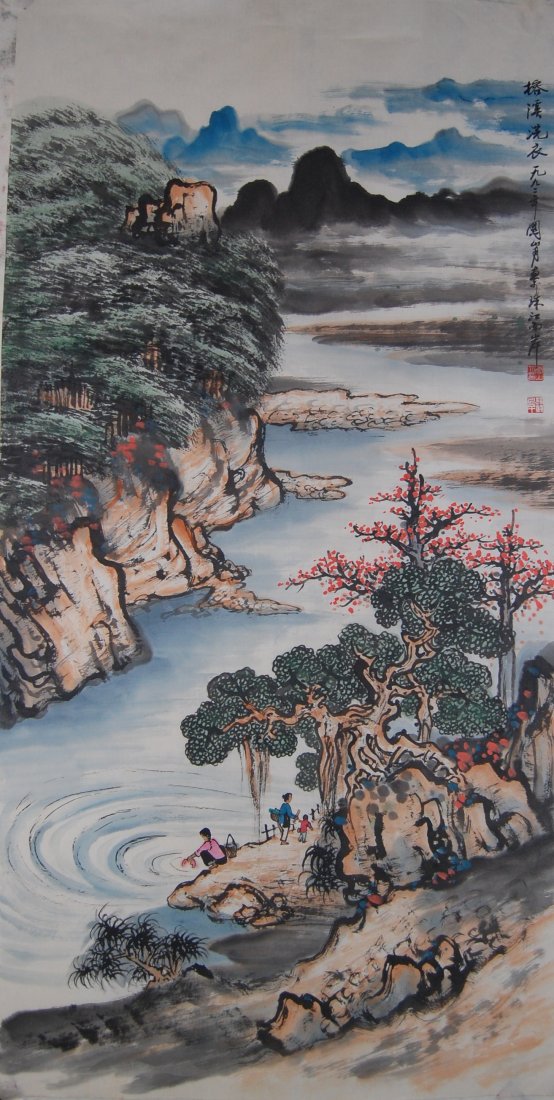 A very fine Chinese painting attributed to Gu Sha: Ink and color on paper by Gu Shan Yue, vice-chairman of Chinese artist association, China federation or literary and art circle member. Gu Shan Yue representitive figure of Lingnan group of paintings,