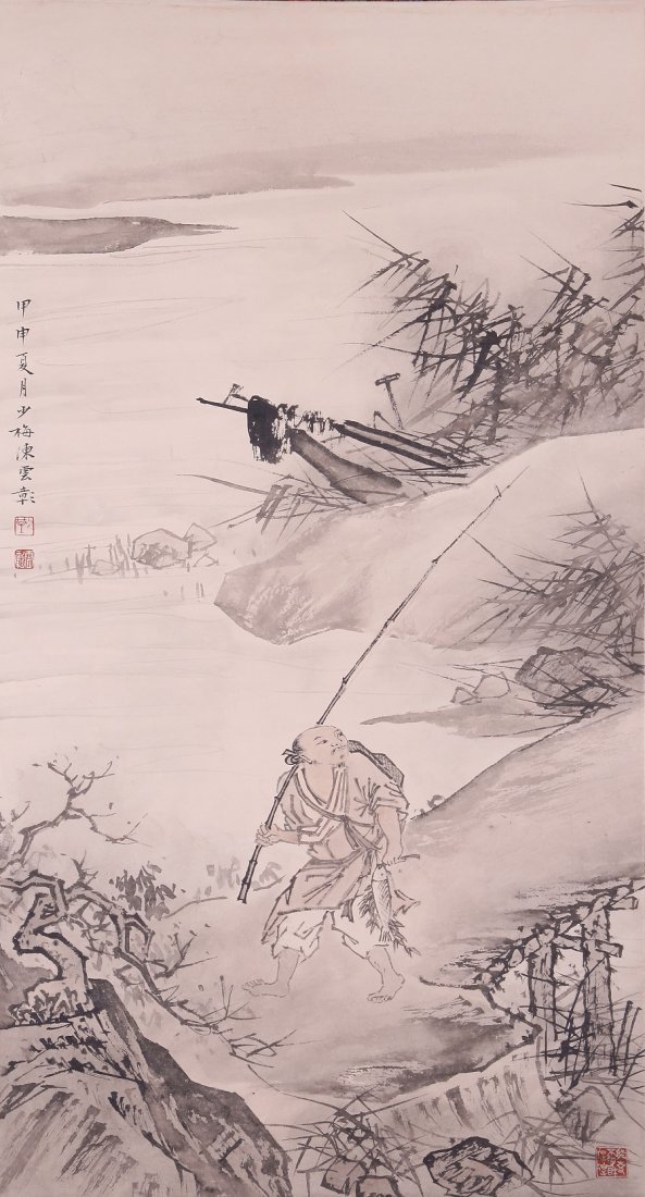 A very fine Chinese painting by Chen Shaomai: ink and color on paper by Chen Shaomai to depict a man with a stick walking on a river side, inscribed and signed with 3 seal marks.17.3"X33.4"