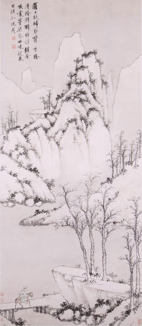 A very Fine Chinese painting attribyte to Shen Zh: Ink and color on the paper by Shen Zhou to depict a landscape of mountains ,trees and a person riding horse on a bridge to cross the river, inscribed and signed with 6 seal marks.16.1"X38.5"