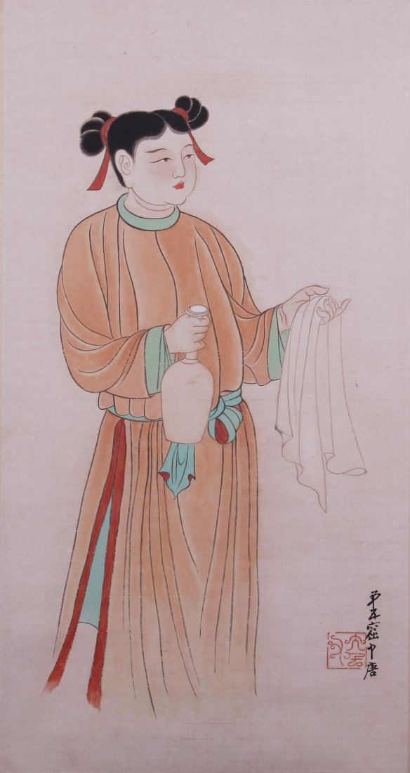 A very fine Chinese painting by Zhang Daqian: Ink and color on paper by Zhang Daqian to depict a lady with a towel and a bottle,inscribed and signed with 1 seal mark. 16.9"X33.4".