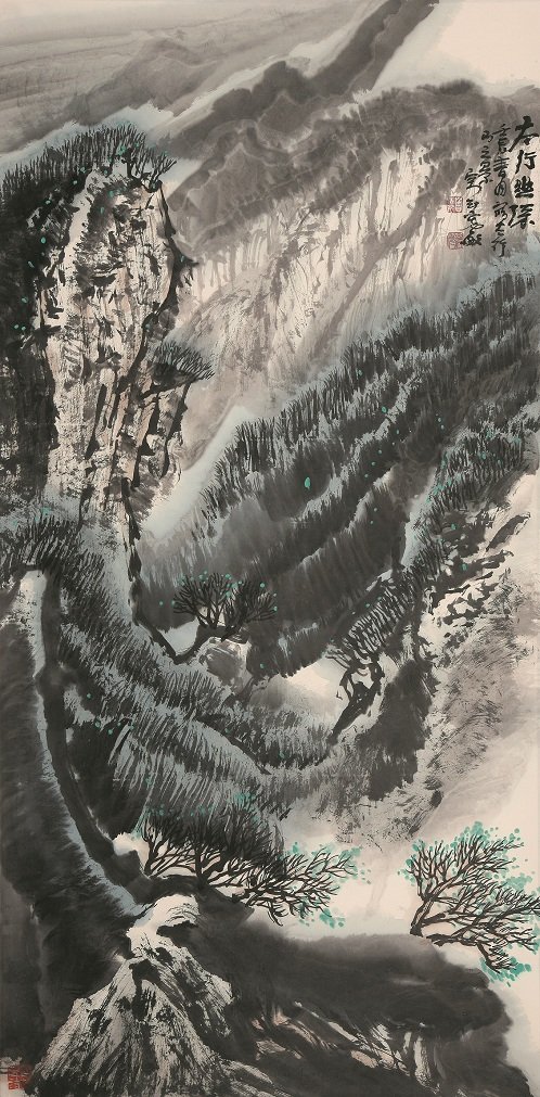 A fine chinese painting by Dou Xian Min: Ink and color on the paper by Dou Xian Min to depict a beautiful landscape of mountains and colorful trees ,inscribed and signed with 3 seal marks.53.5"X26.7"