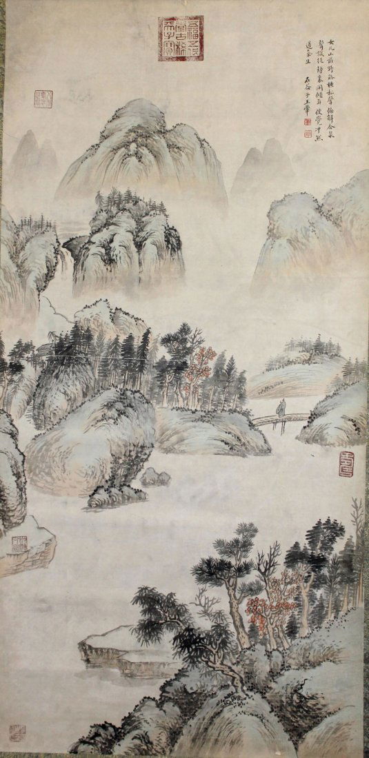 A very fine Chinese scroll painting attributed to: Attributed to Wang Hui ink and color on the paper depicting land scape of nature,inscribed and signed with seven seal marks in red,51"Hx25"W.