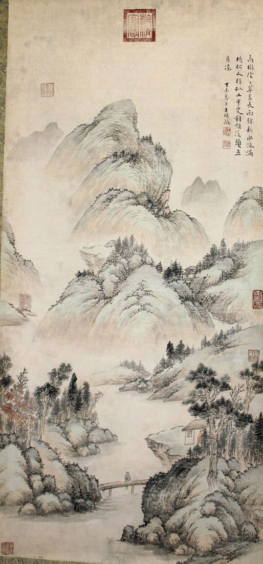 A very fine Chinese scroll painting attributed t: Attributed to Wang Shimin ink and color on the paper depicting land scape of nature,inscribed and signed with eight seal marks in red,51"Hx25"W.