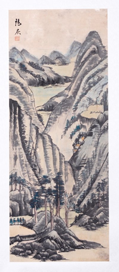 1430: CHINESE SCROLL PAINTING BY LU,HUI: LU,HUI,LIVED IN QING DYNASTY.LONG WATERCOLOR PAINTING TO SCROLL DEPICTING A MOUNTAIN RIVERSIDE VILLAGE SCENE. SIGNED AND A SEAL MARK IN UL. 31.5"Hx12.5"W.)