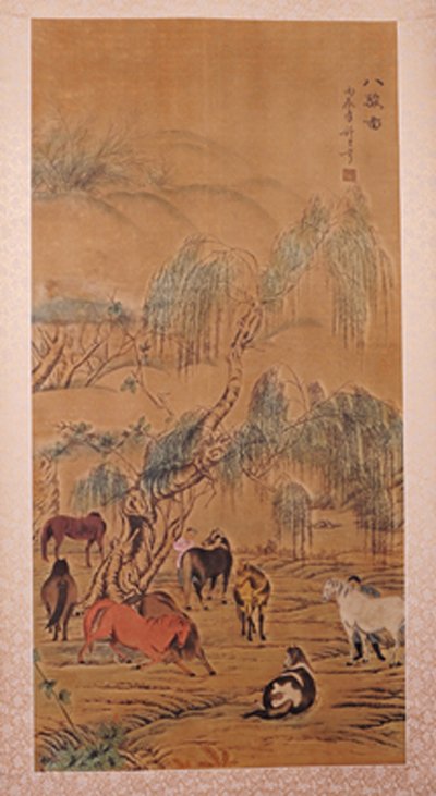 1437A: CHINESE SCROLL PAINTING BY LANG,SHINING: LANG,SHINING,1688-1766.LONG WATERCOLOR PAINTING TO SCROLL DEPICTING EIGHT HORSES SCENE. SIGNED AND A SEAL MARK IN UR. 49.5"Hx24.5"W.)